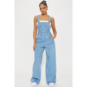 Fashion Nova Matching My Energy Wide Leg Overalls - Medium Wash